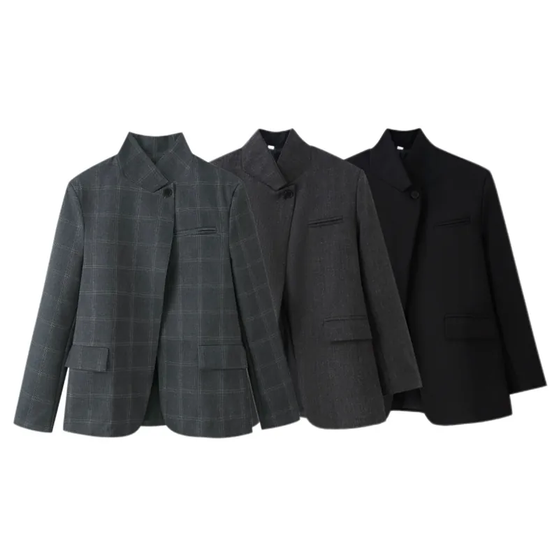 Damen Casual Kariert Einfarbig Blazer Stehkragen Einreihig Anzugjacke Lockere Passform Langarm Outerwear Top