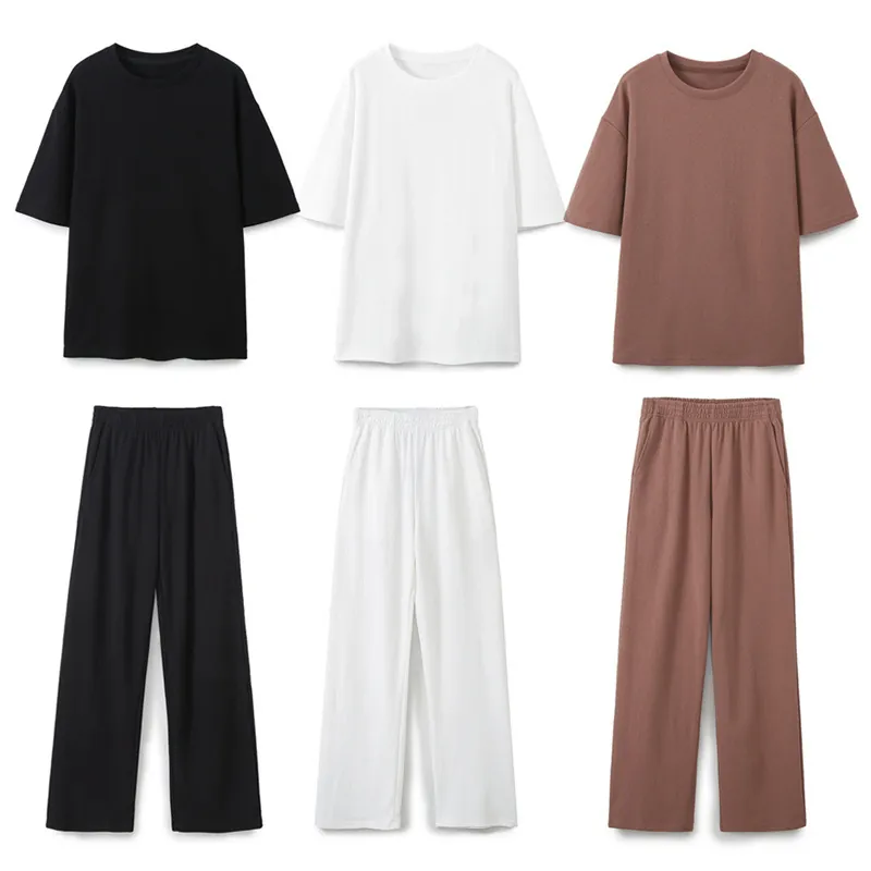 Damen Casual Loungewear Baumwolle Kurzarm T-Shirt Und Weites Bein Hose Einfarbig Minimalistisch Weich Schlafanzug Outfit