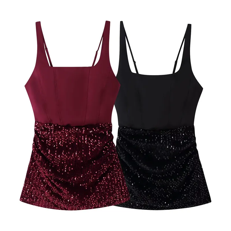 Sexy Spaghetti Strap Pailletten Patchwork Bodycon Mini Jurk Voor Vrouwen Geplooid Feest Uitgaan Avond Clubwear Mouwloze Jurk