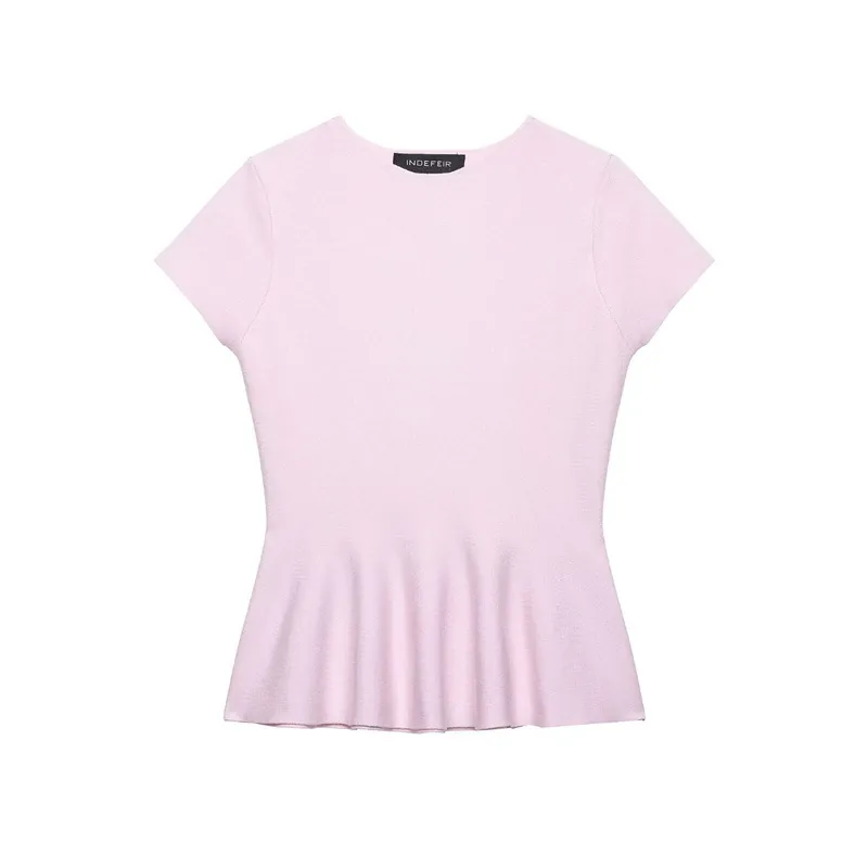 Haut Peplum en Tricot Rose Doux pour Femmes Col Rond Manches Courtes Couleur Unie Ourlet à Volants Pull Ajusté