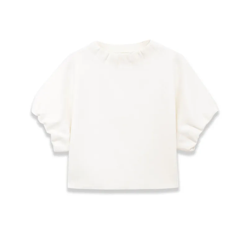 Haut en Maille Côtelée à Manches Bouffantes Style Français Col Rond Manches Courtes Blanc Uni Élégant Femme Minimaliste Décontracté