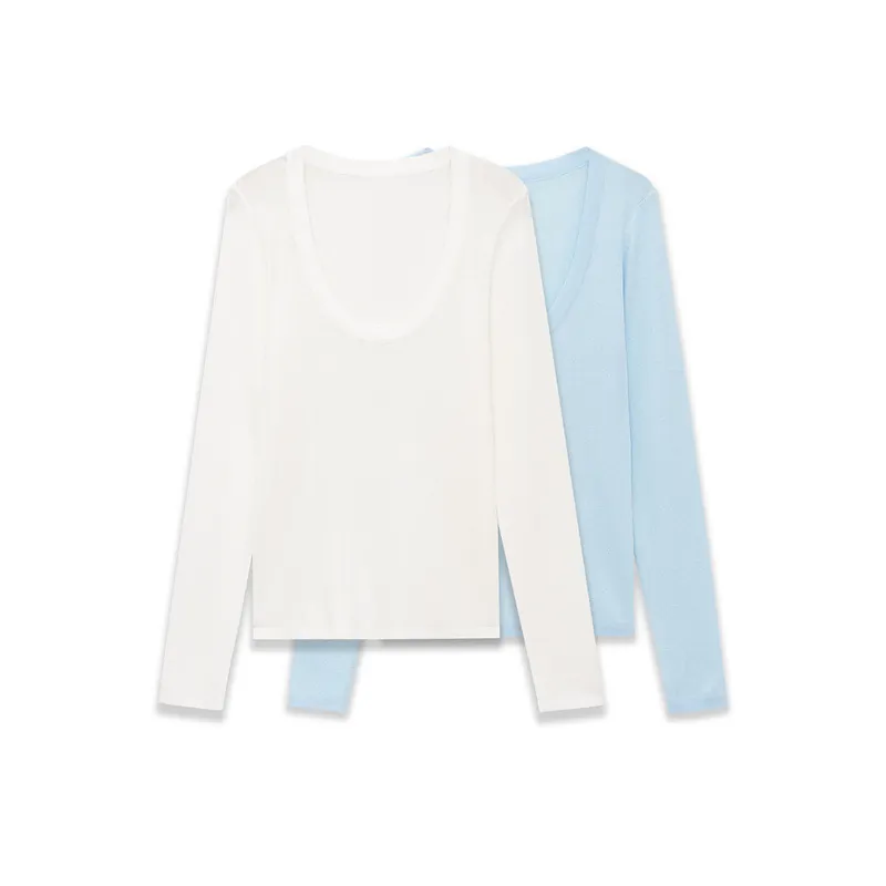 Women Casual Slim Fit Ribbed Knit T-Shirt Scoop Neck Long Sleeve Top Basic Solid Color Minimalist Pullover