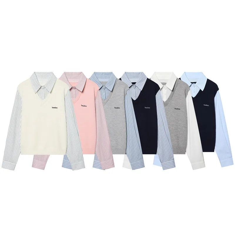 Pull-over Femme Faux Deux Pièces Manches Longues Patchwork Col V Gilet en Tricot Chemise à Rayures Top Style Académique Vêtements Confortables