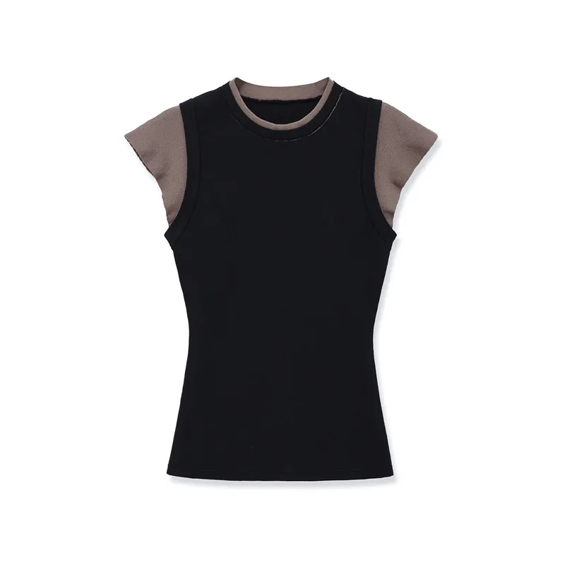 Top da Donna Casual Finto Due Pezzi in Maglia Manica Corta Girocollo Colore a Contrasto Vestibilità Aderente Pullover a Costine Moda