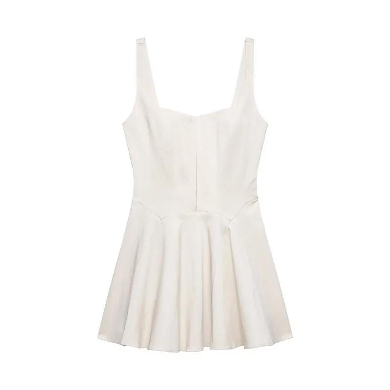 Women Elegant Square Neck Sleeveless Cami Mini Dress Solid Cream Slim Fit Flared Pleated Skater Dress Fashion Lady Outfit