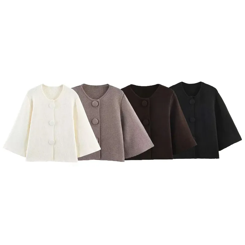 Women Fashion Loose Knit Short Cardigan Flare Sleeve Round Neck Button Up Solid Color Casual Sweater Coat