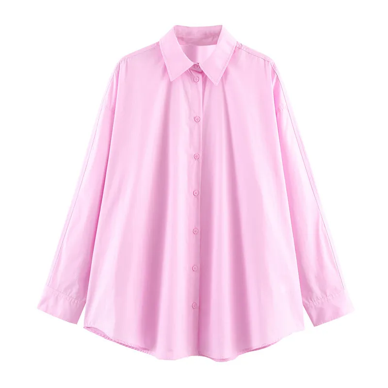Women's Casual Loose Solid Color Long Sleeve Lapel Shirt Button Down Polyester Blouse Pink Commuter Spring Top