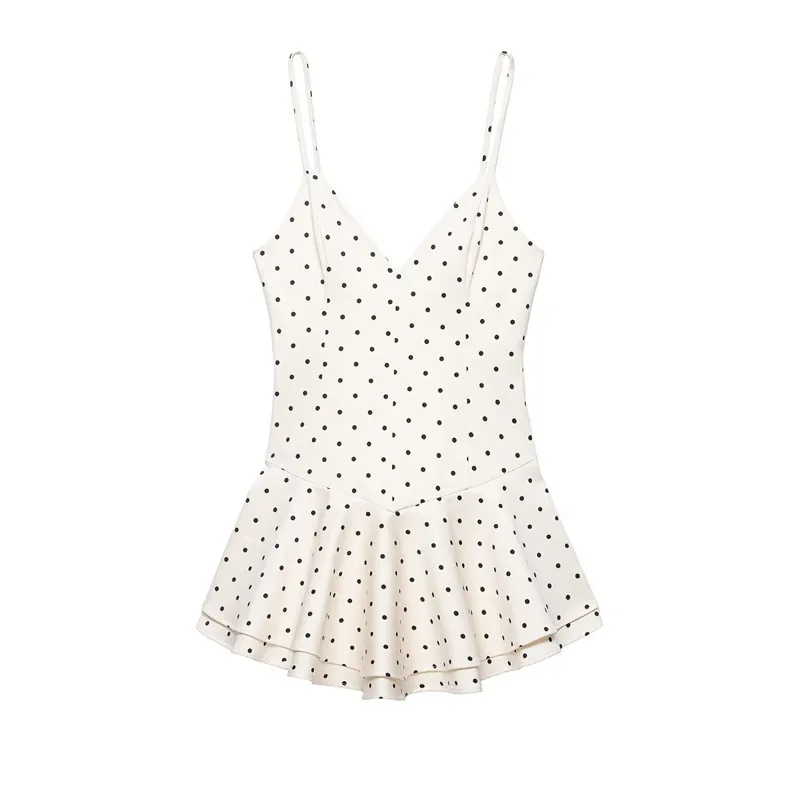 Women's Polka Dot Spaghetti Strap Romper Dress V-Neck Ruffle Hem Sleeveless Elegant Slim Fit Blend Jumpsuit Short Dress