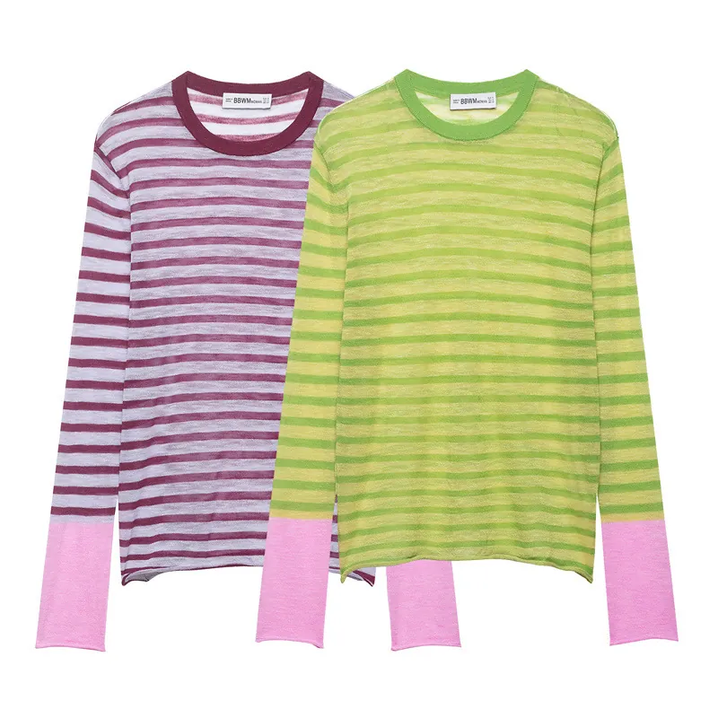 Pull en Tricot à Rayures pour Femmes Manches Longues Col Rond Color Block Haut Décontracté en Polyester Souple pour Printemps