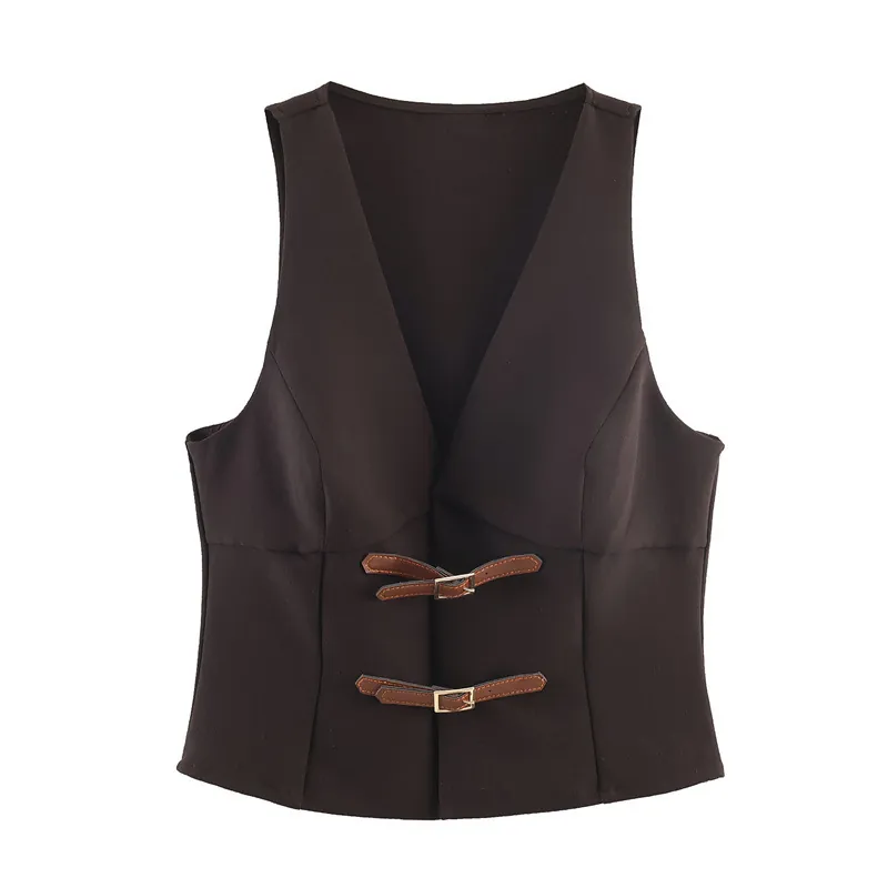 Women's V-Neck Slim Fit Vest With Buckle Decoration Solid Color Sleeveless Polyester Elegant Casual Fashion Waistcoat Top