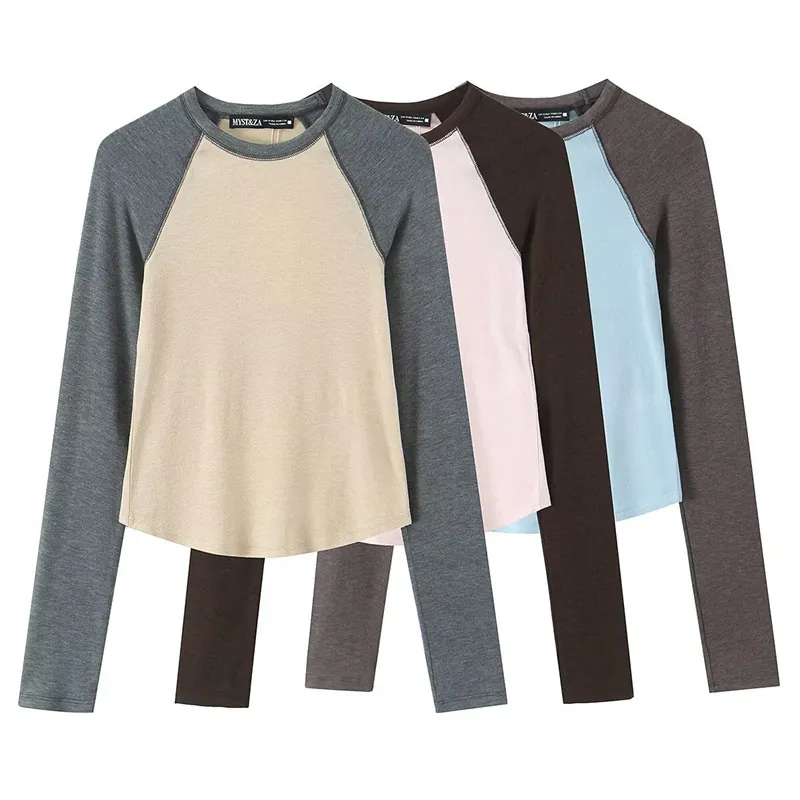 T-Shirt à Manches Longues Raglan Casual pour Femmes Bloc de Couleur Col Rond Coupe Slim Ourlet Arrondi Haut en Tricot Doux