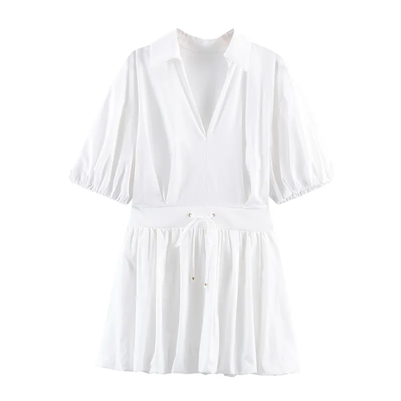 Damen Süßes V-Ausschnitt Puffärmel Popeline Minikleid Elegante Kordelzug Taille Einfarbig Weiß Lässig Sommer Kurzarmkleid