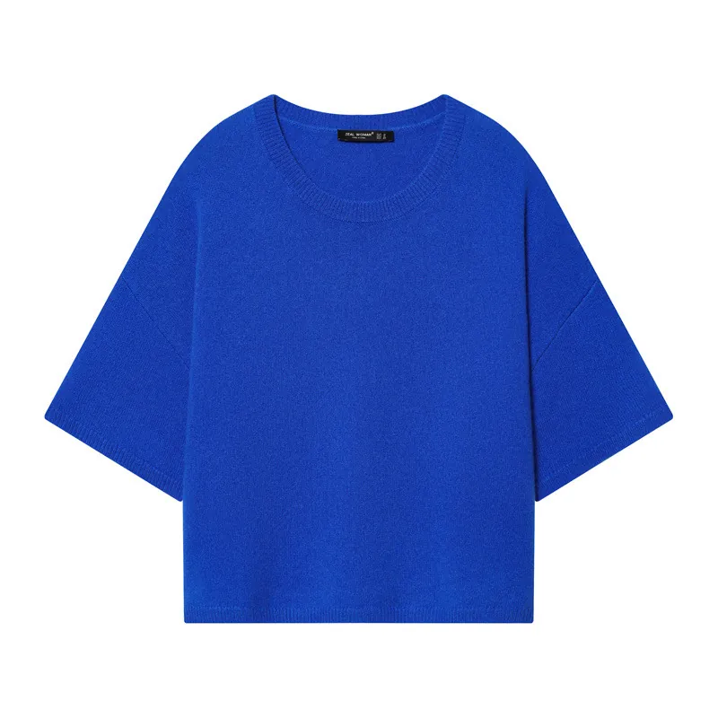 Haut en Maille à Manches Courtes Décontracté pour Femme Bleu Klein Col Rond Épaules Tombantes Pull d'Été Léger