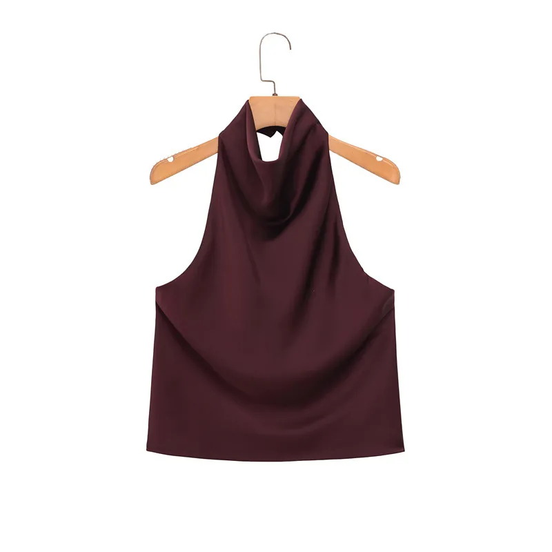 Women's Elegant Halter Neck Satin Top Cowl Neck Sleeveless Backless Solid Color Burgundy Casual Party Blouse For Lady