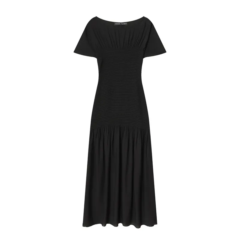 Women Casual Solid Black Smocked Maxi Dress Elegant Slim Fit Shirred A-Line Dress Crew Neck Short Sleeve Office Party Dress