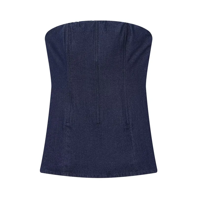 Women Sexy Denim Look Corset Tube Top Slim Fit Front Zipper Strapless Solid Color Streetwear Bodycon Summer Crop Top