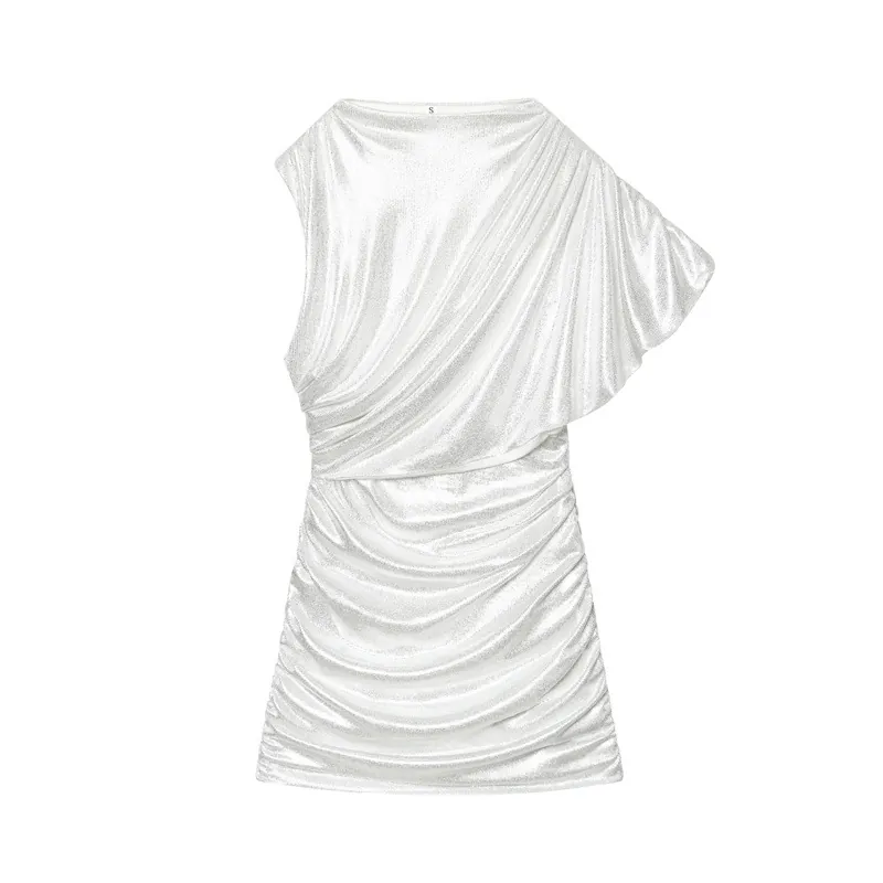 Abito da Donna Sexy Monospalla Metallizzato Mini Argento Arricciato Bodycon Senza Maniche Party Evening Clubwear Night Out Abito Corto
