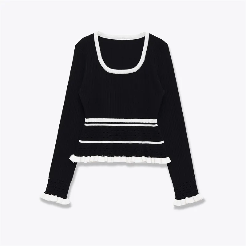 Dames Contrast Kleur Ribgebreide Top Vierkante Hals Lange Mouw Trui Met Ruches Retro Zwart En Wit Casual Pullover