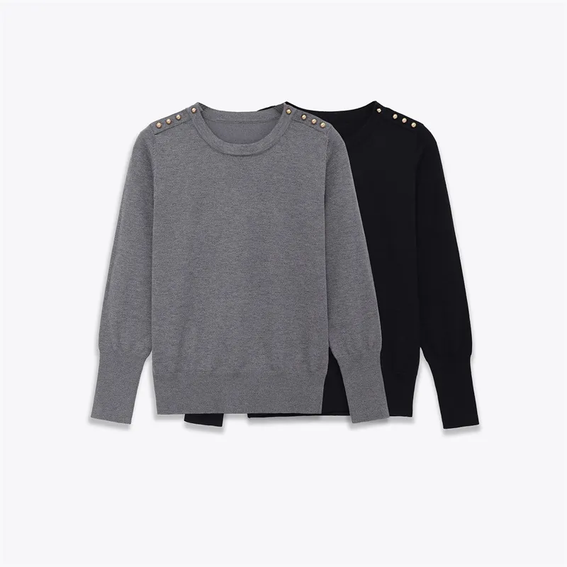 Women's Casual Crew Neck Long Sleeve Knit Sweater Decorative Button Shoulder Ribbed Cuff Pullover Solid Color Fashion Jumper