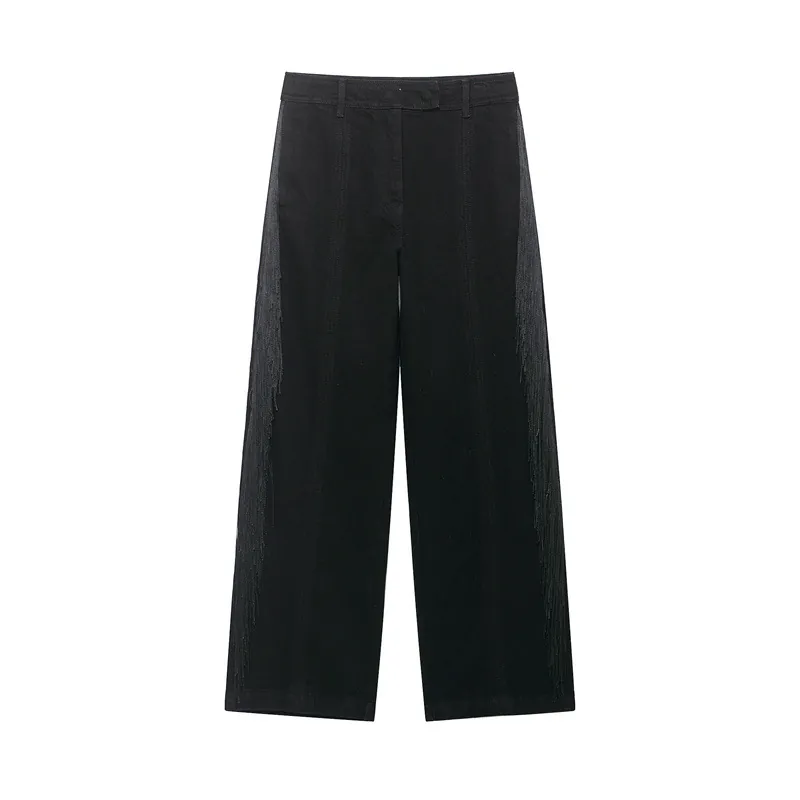 Pantalon Décontracté à Taille Haute et Jambes Larges pour Femmes Avec Frange Latérale Noir Couleur Unie Polyester