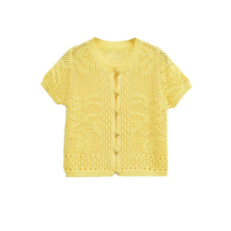 Women's Casual Hollow Out Crochet Knit Cardigan Short Sleeve V Neck Bright Yellow Button Up Short Knitwear Top