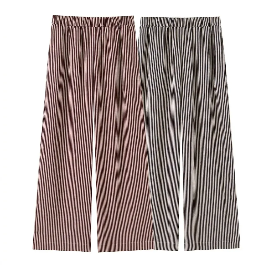 Damen Gestreifte Hose Weites Bein Casual Gerade Hose Hohe Taille Elastischer Bund Mode Elegant Streetwear Lange Hose