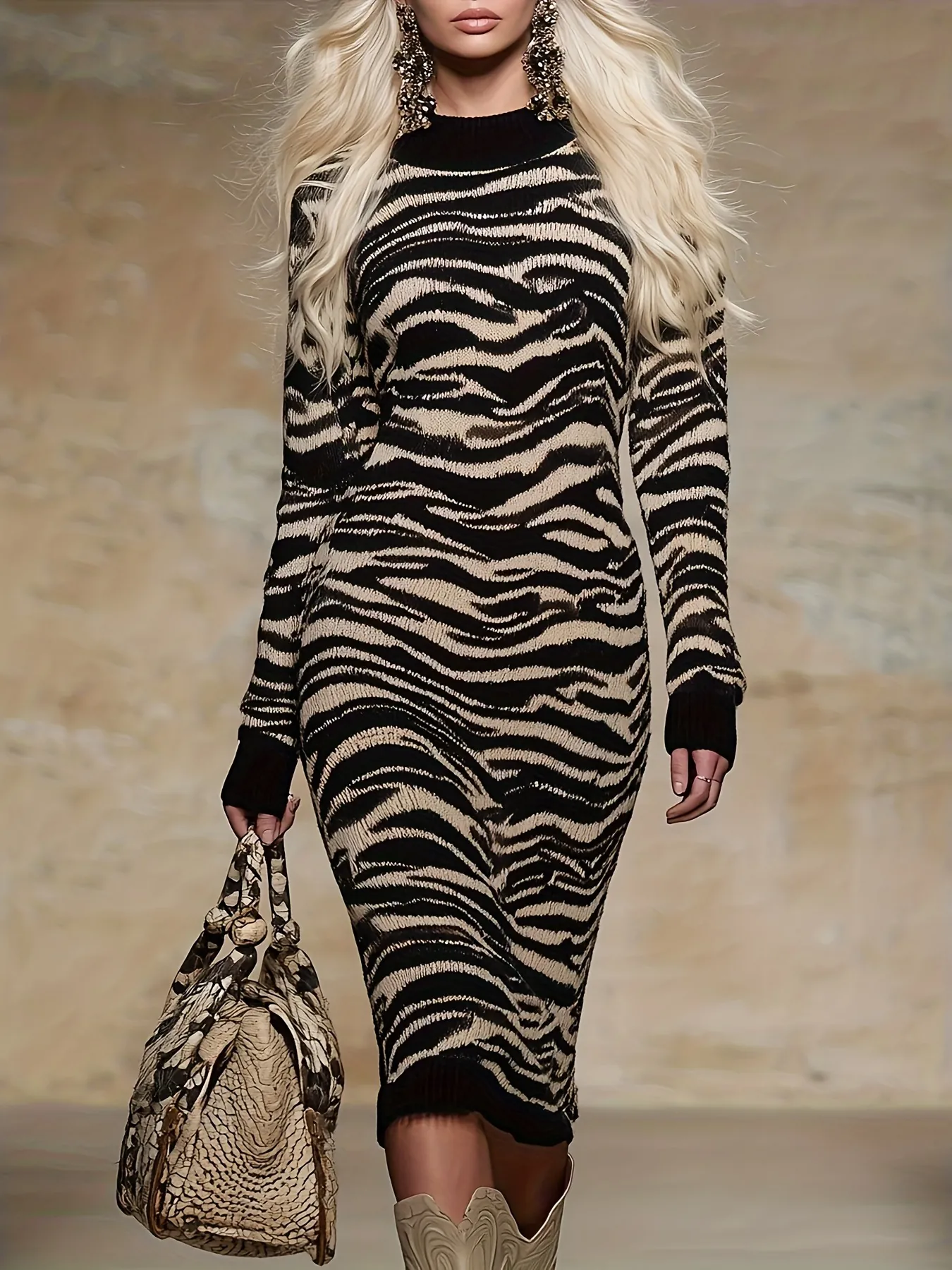 Abito Longuette da Donna Sexy con Stampa Zebra a Maniche Lunghe in Maglia Collo Alto Slim Fit Bodycon Abito Maglione con Motivo Animale