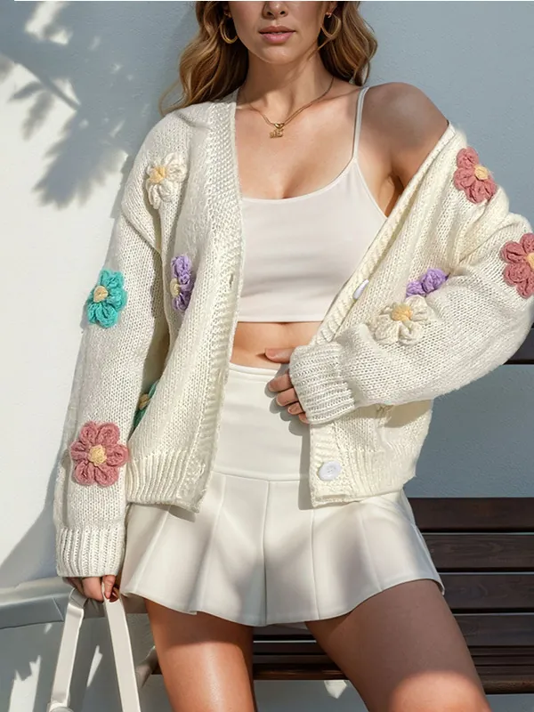 Gilet en Maille pour Femme avec Fleurs au Crochet 3D Col en V Manches Longues Coupe Ample Pull Boutonné Décontracté Fleuri