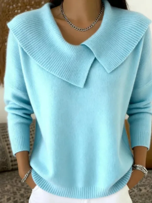 Women Elegant Large Lapel V-Neck Knit Sweater Long Sleeve Ribbed Solid Color Pullover Korean Style Casual Polyester Jumpers Top