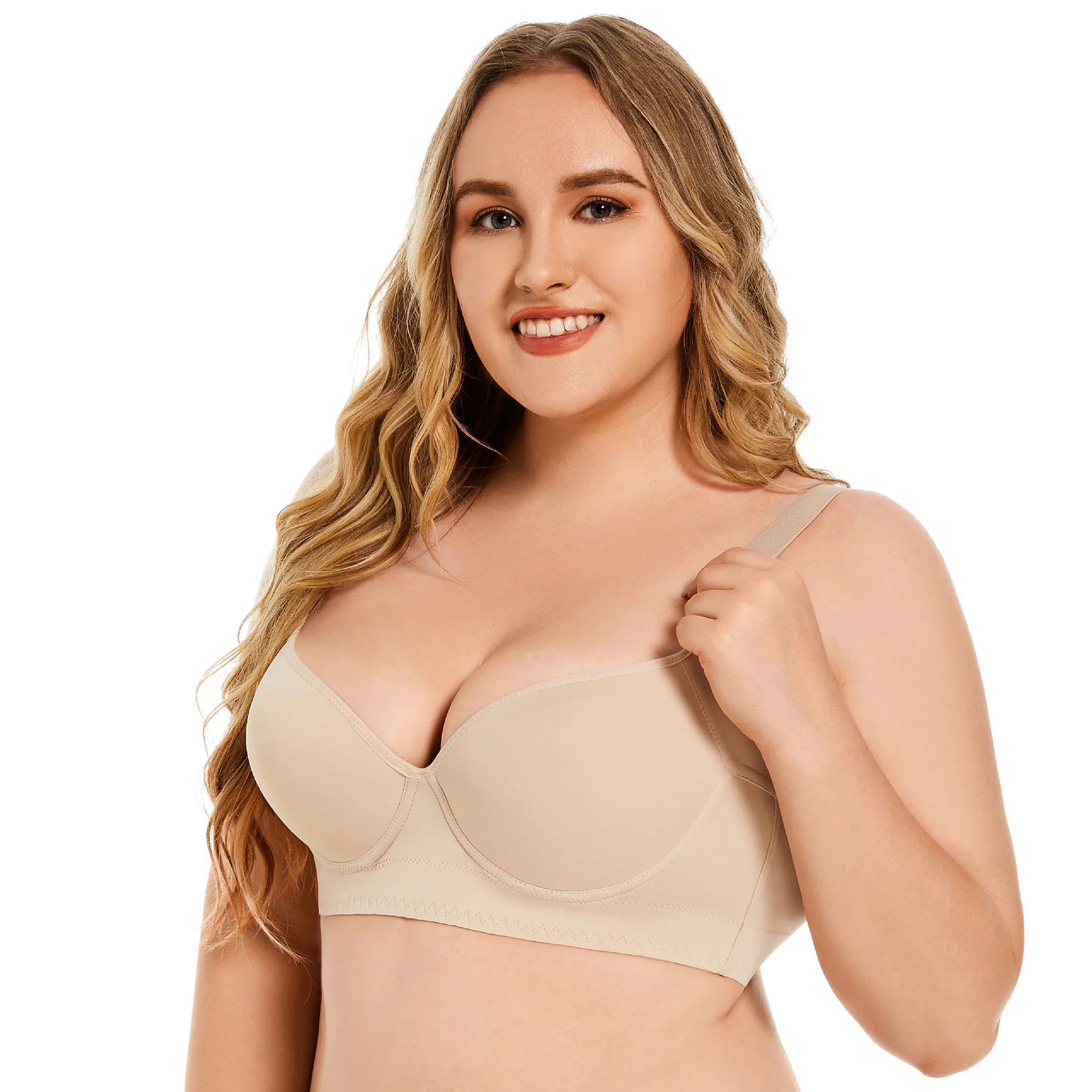 Women's Plus Size Seamless Bra Full Coverage Push Up Underwire Lingerie Nylon Adjustable Wide Straps Deep V Everyday Support Brassiere