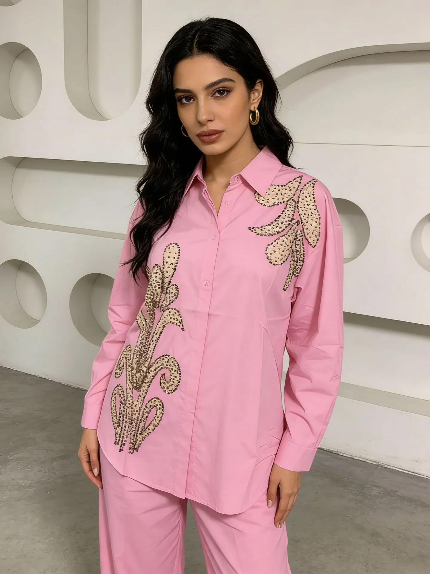 Women Casual Loose Long Sleeve Blouse With Sparkling Rhinestone Sequin Patchwork Pattern Polyester Turn Down Collar Shirt