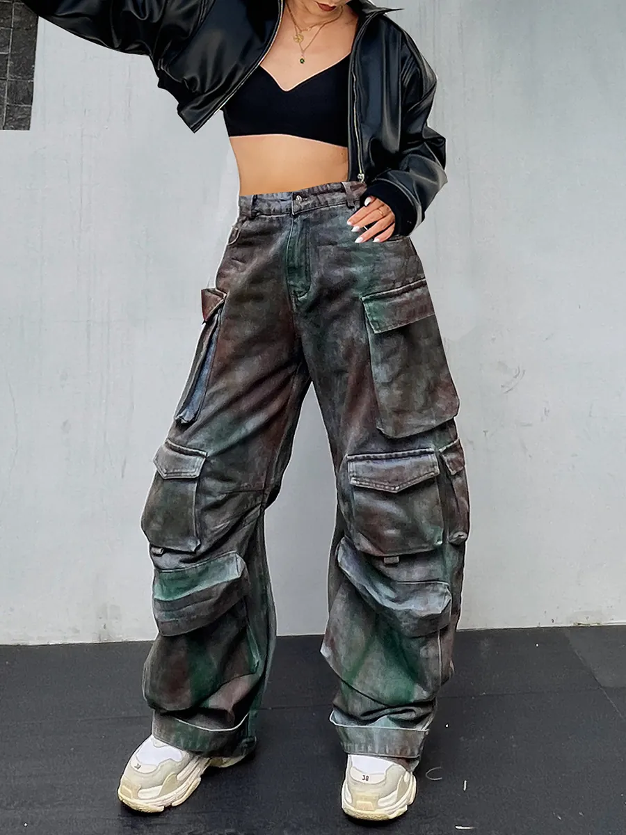 Women High Waist Multi Pocket Cargo Jeans Retro Graffiti Loose Wide Leg Denim Pants Streetwear Oversized Fashion Trouser