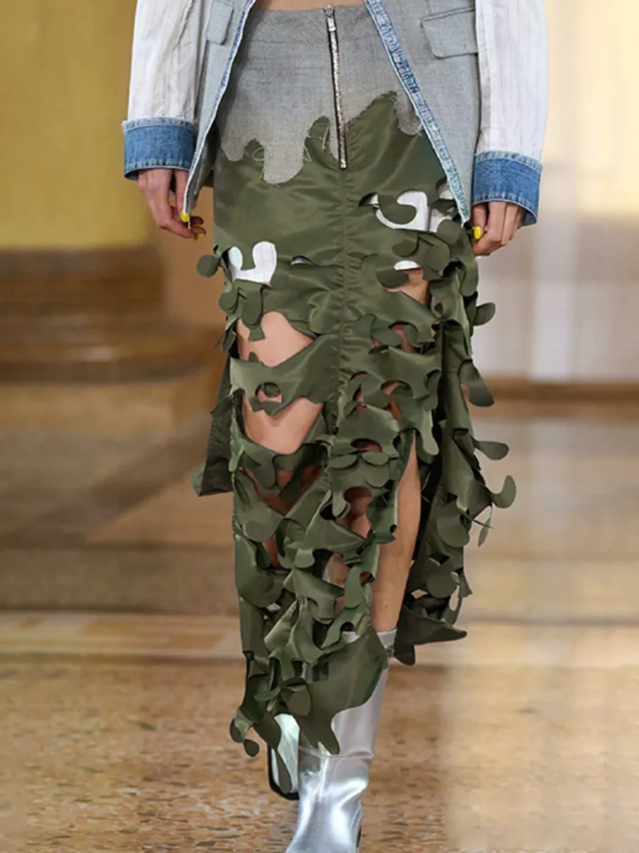 Women Military Green Irregular Hollow Out Skirt Deconstructive Splicing Patchwork Long Maxi Skirt High Waist Streetwear Skirt