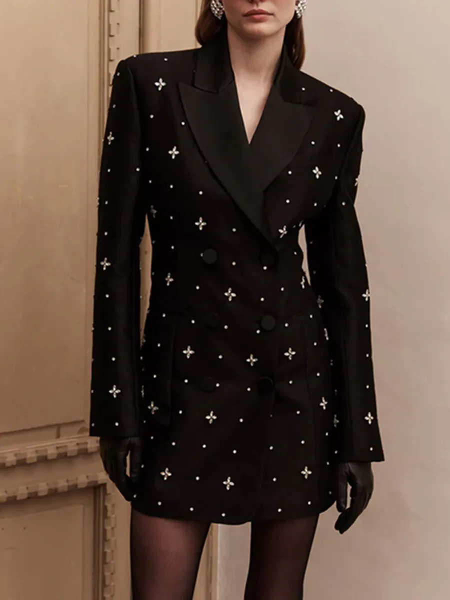Women Rhinestone Slim Fit Blazer Jacket Satin Lapel Double Breasted Solid Color Mid Length Elegant Party Dress Coat
