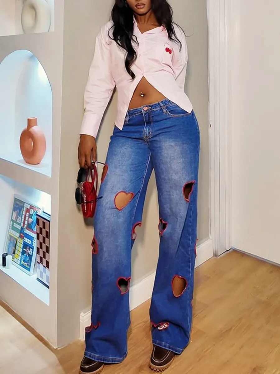 High Waisted Heart Cutout Straight Leg Blue Jeans Women Casual Fashion Denim Pants With Red Border Heart Hollow Design