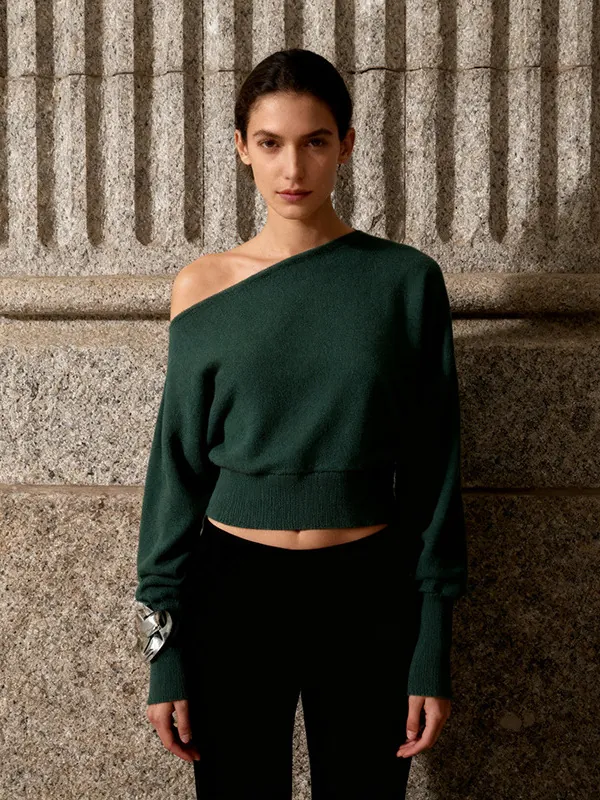 Women Elegant Off Shoulder Knit Sweater Lantern Sleeve Ribbed Hem Soft Solid Color Pullover Top Casual Spring Fashion