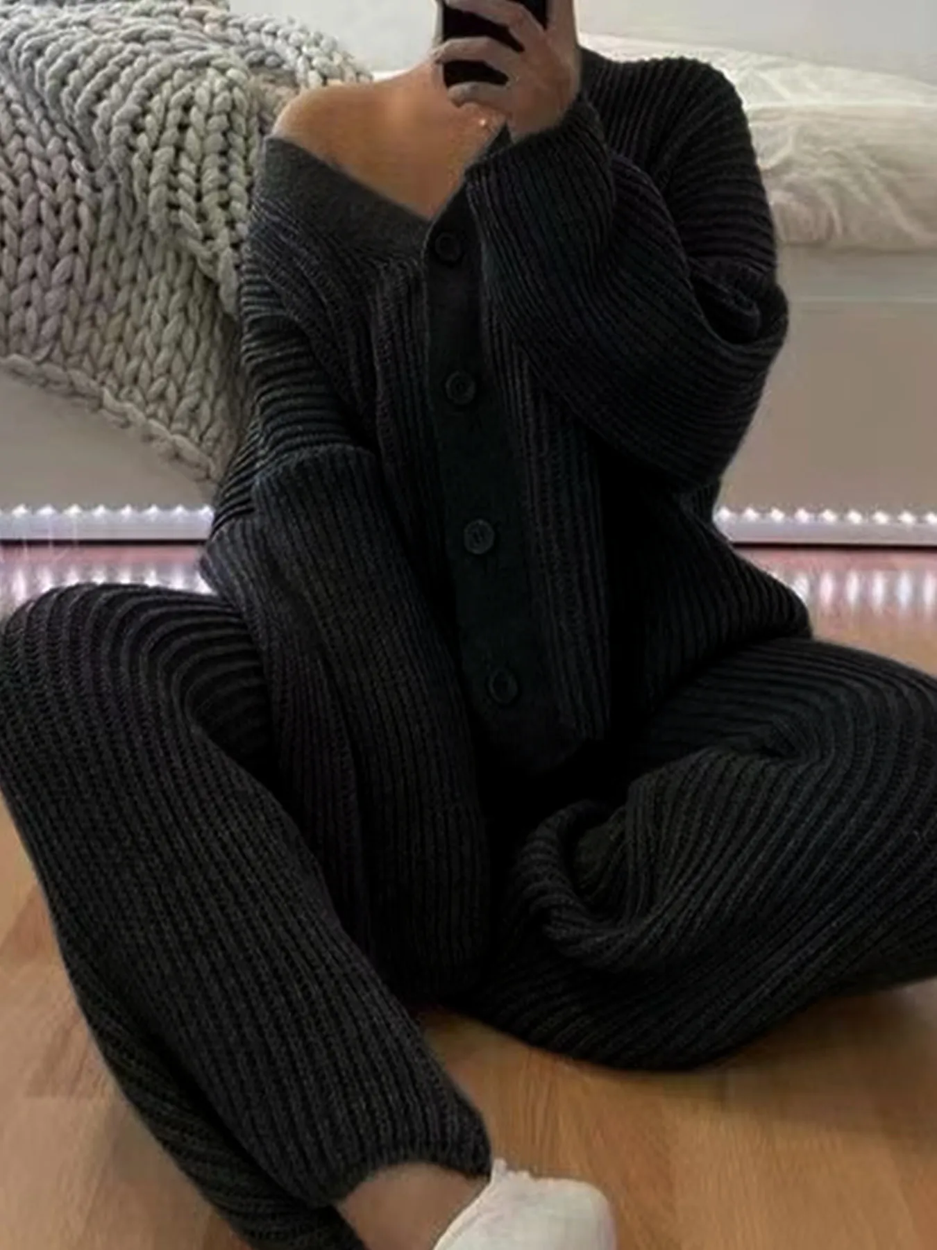Women Ribbed Knit Cardigan And Wide Leg Pants Outfits Loungewear V Neck Button Front Casual Long Sleeve Top And Trousers