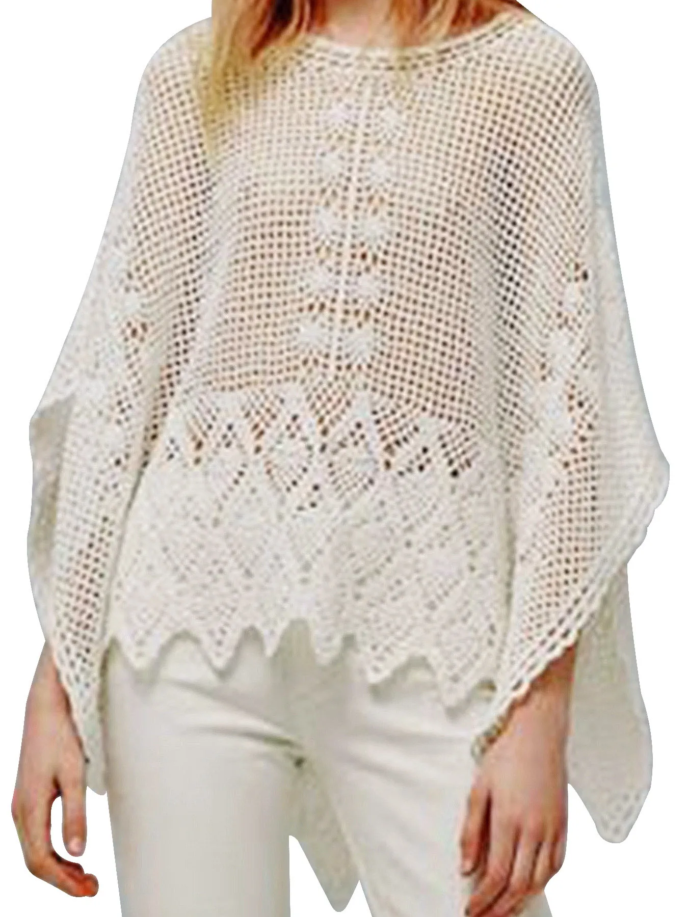 Cache-maillot de Plage Bohème au Crochet pour Femmes Col Rond Ample Manches Chauve-souris Haut en Tricot Couleur Unie Été Bikini Outwear