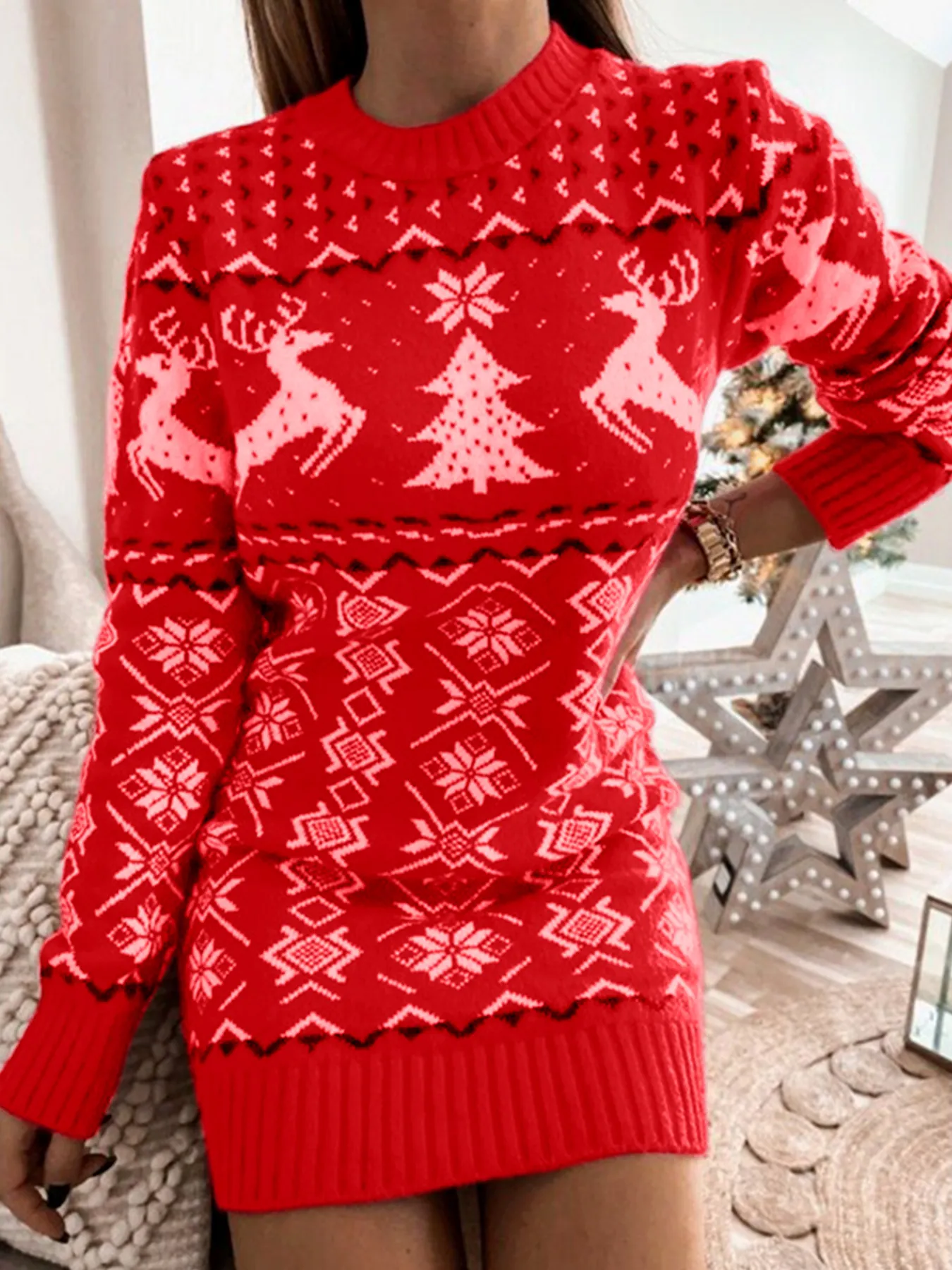 Robe Courte en Tricot de Noël pour Femmes Rouge Motif Renne et Flocon de Neige Manches Longues Coupe Slim Col Rond