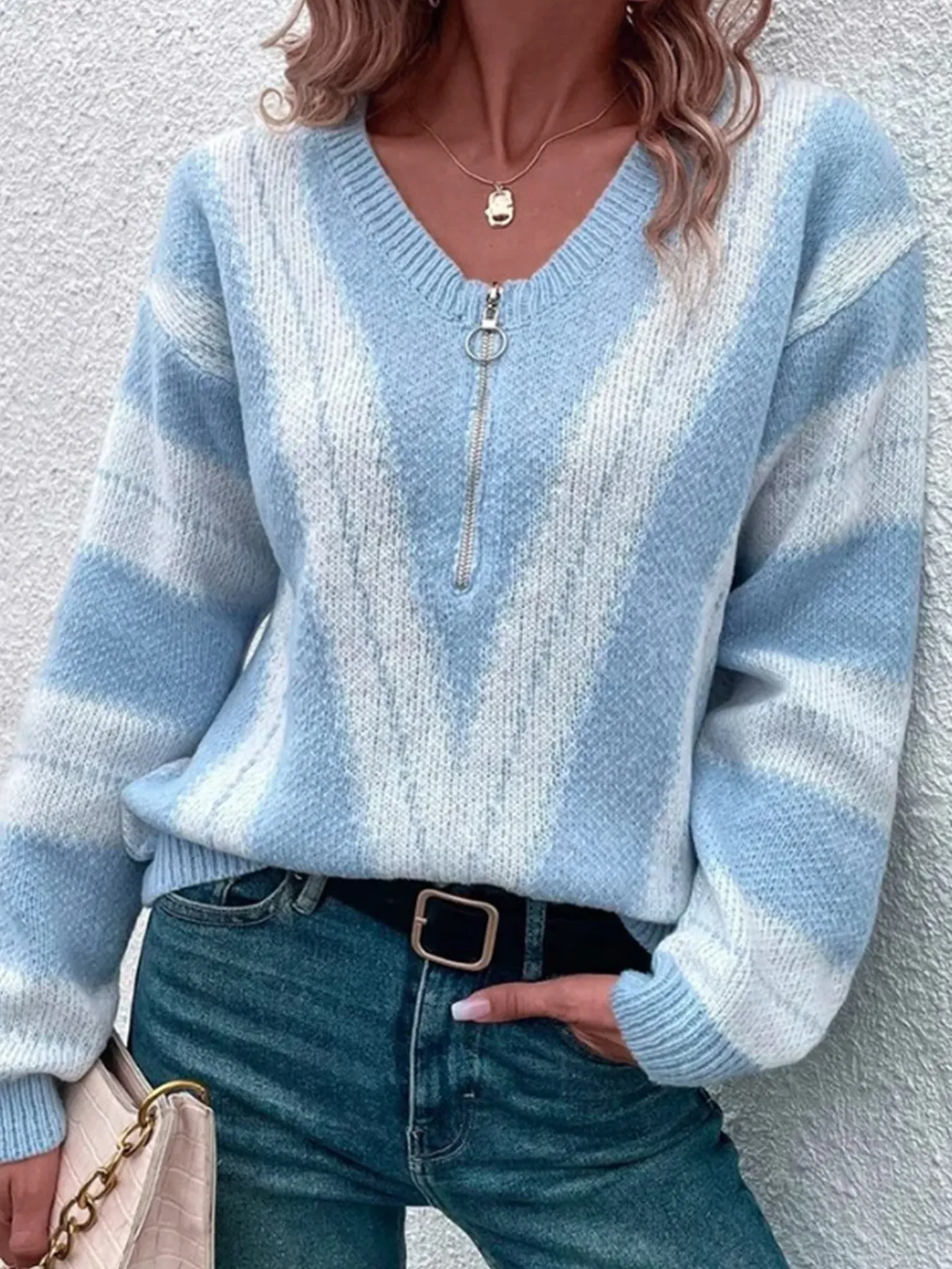 Women Striped Knit Sweater Casual Long Sleeve V-Neck Zipper Top Color Block Pullover Fashion Blue White Knitwear For Lady