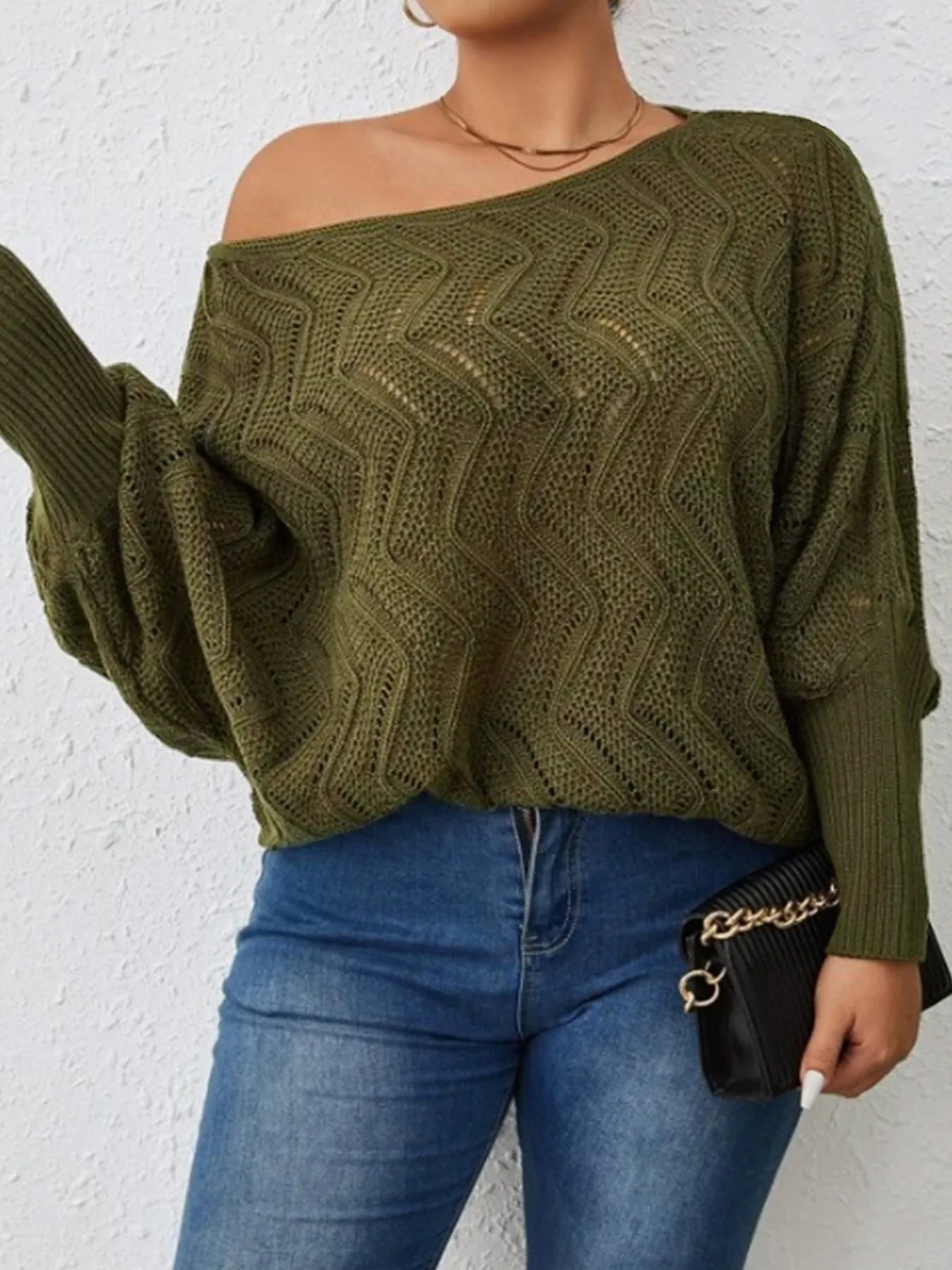 Pull Femme Décontracté Vert Olive Ajouré Manches Longues Encolure Bateau Ample Motif à Vagues Crochet Haut