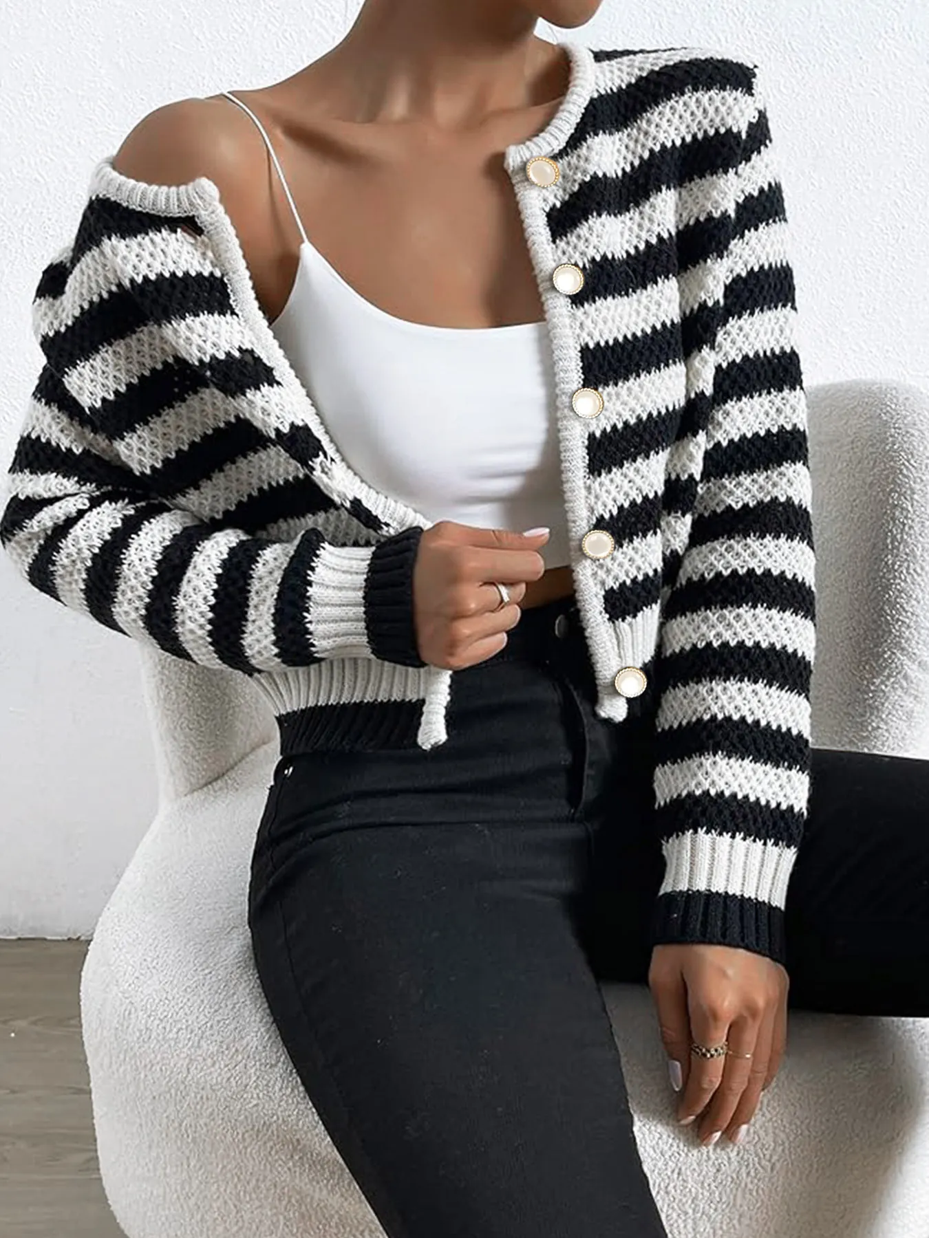 Women Casual Striped Knit Cardigan Round Neck Long Sleeve Short Sweater Jacket With Gold Buttons Knitted Button Down Top