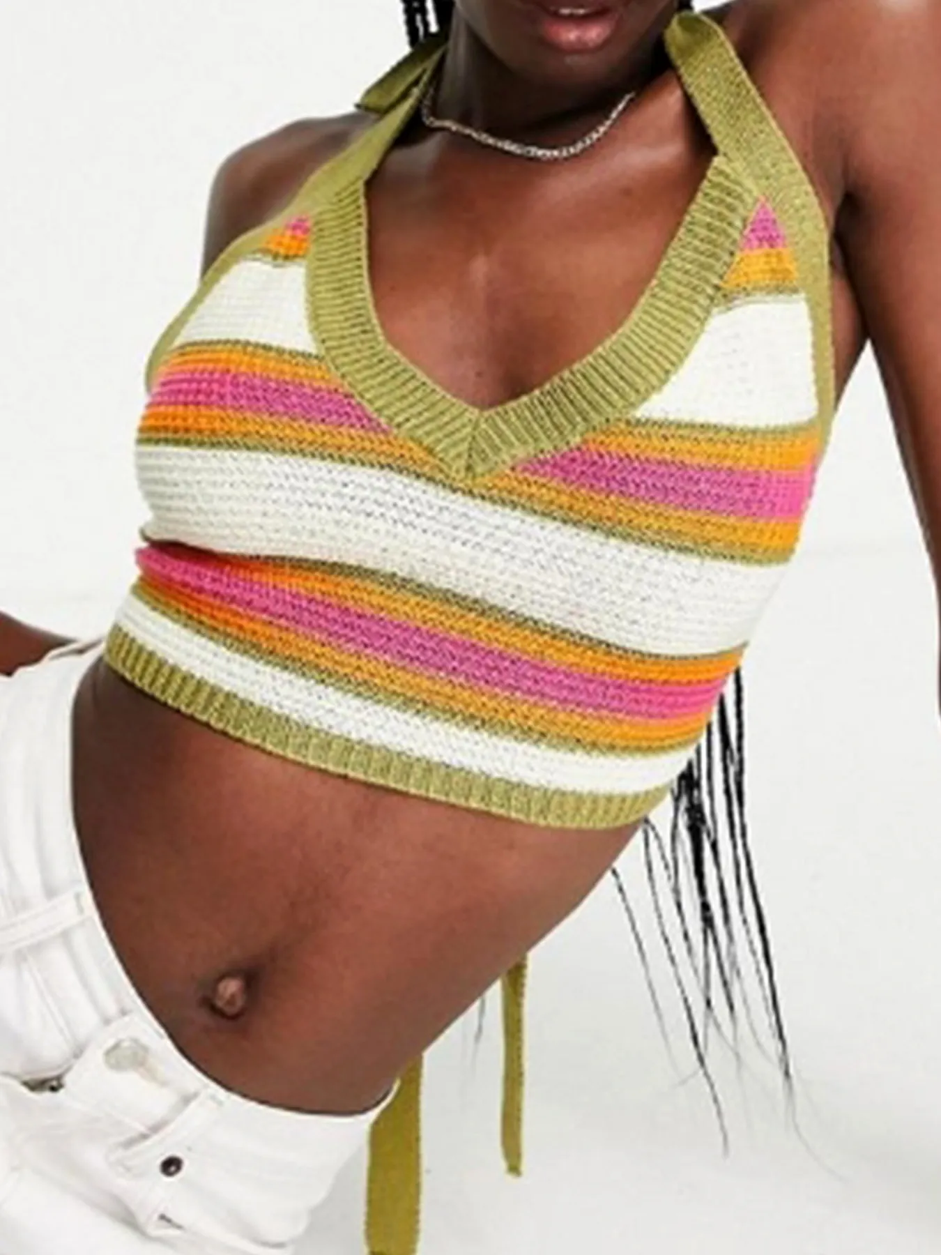 Women Halter Neck Striped Knit Crop Top Multi-color Sleeveless V-Neck Backless Summer Beach Tank Top Sexy Vacation Knitwear