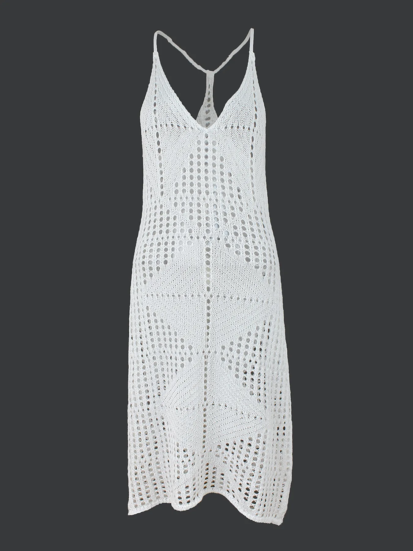 Robe Maxi en Tricot Ajouré Décontractée pour Femmes Col en V Crochet Sans Manches À Bretelles Robe de Plage Couleur Unie