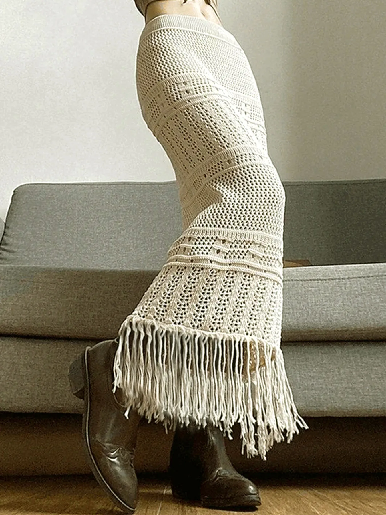 Women Bohemian Hollow Out Crochet Maxi Skirt With Long Tassel Tapered Knitted Solid Color Off-White Beach Vacation Skirt