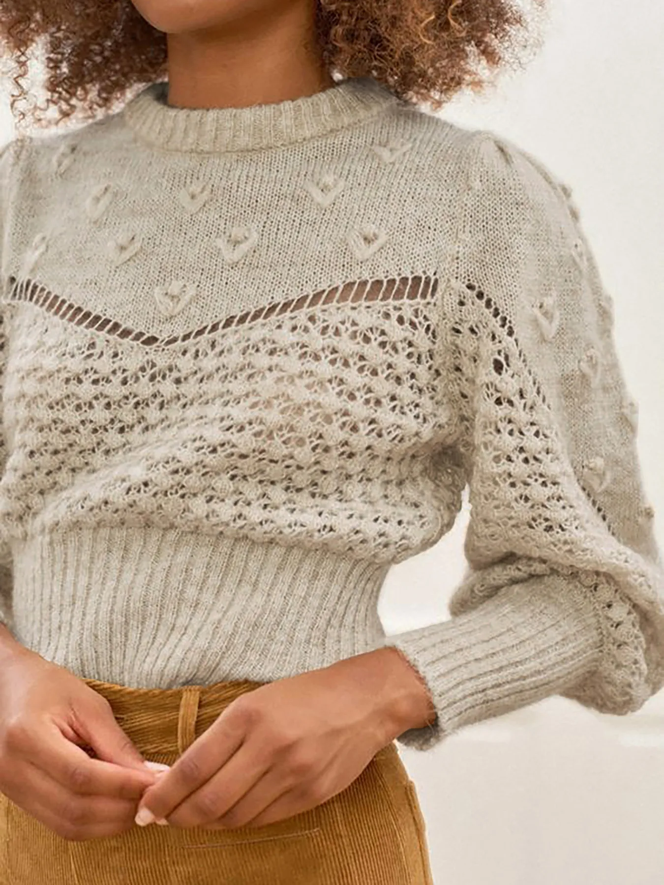 Women Casual Round Neck Hollow Out Knitted Sweater Long Sleeve Solid Color Pullover Top Spring Autumn Minimalist Knitwear