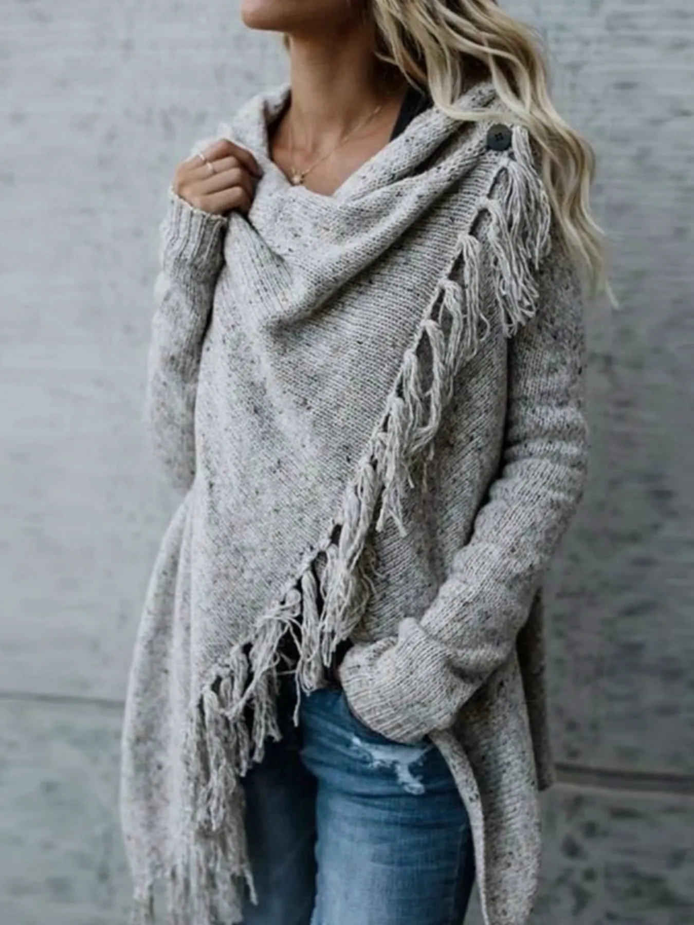 Cardigan in Maglia di Poliestere Casual da Donna Con Frange e Nappe Colletto Asimmetrico Top Largo Manica Lunga Autunno