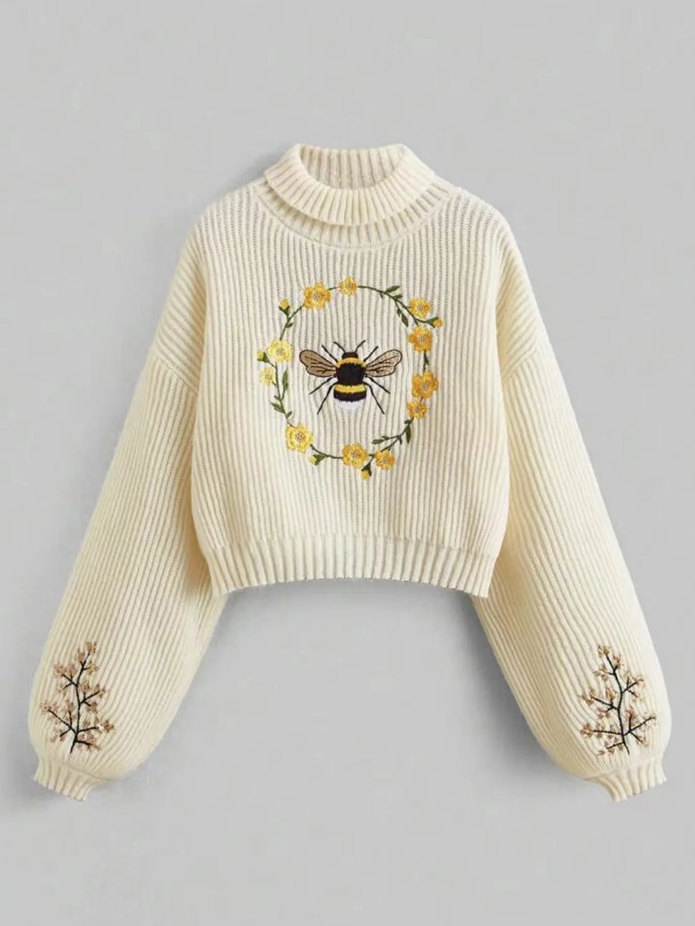 Pull-over Col Roulé Brodé pour Femmes Top en Tricot Côtelé Court Manches Longues Broderie Abeille Florale Casual Femme