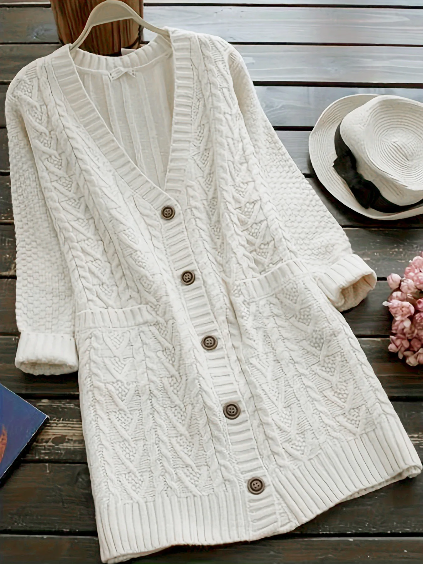 Cardigan da Donna Casual con Scollo a V Lavorato a Trecce Manica Lunga Monopetto Maglione Media Lunghezza Con Tasche Top Tinta Unita
