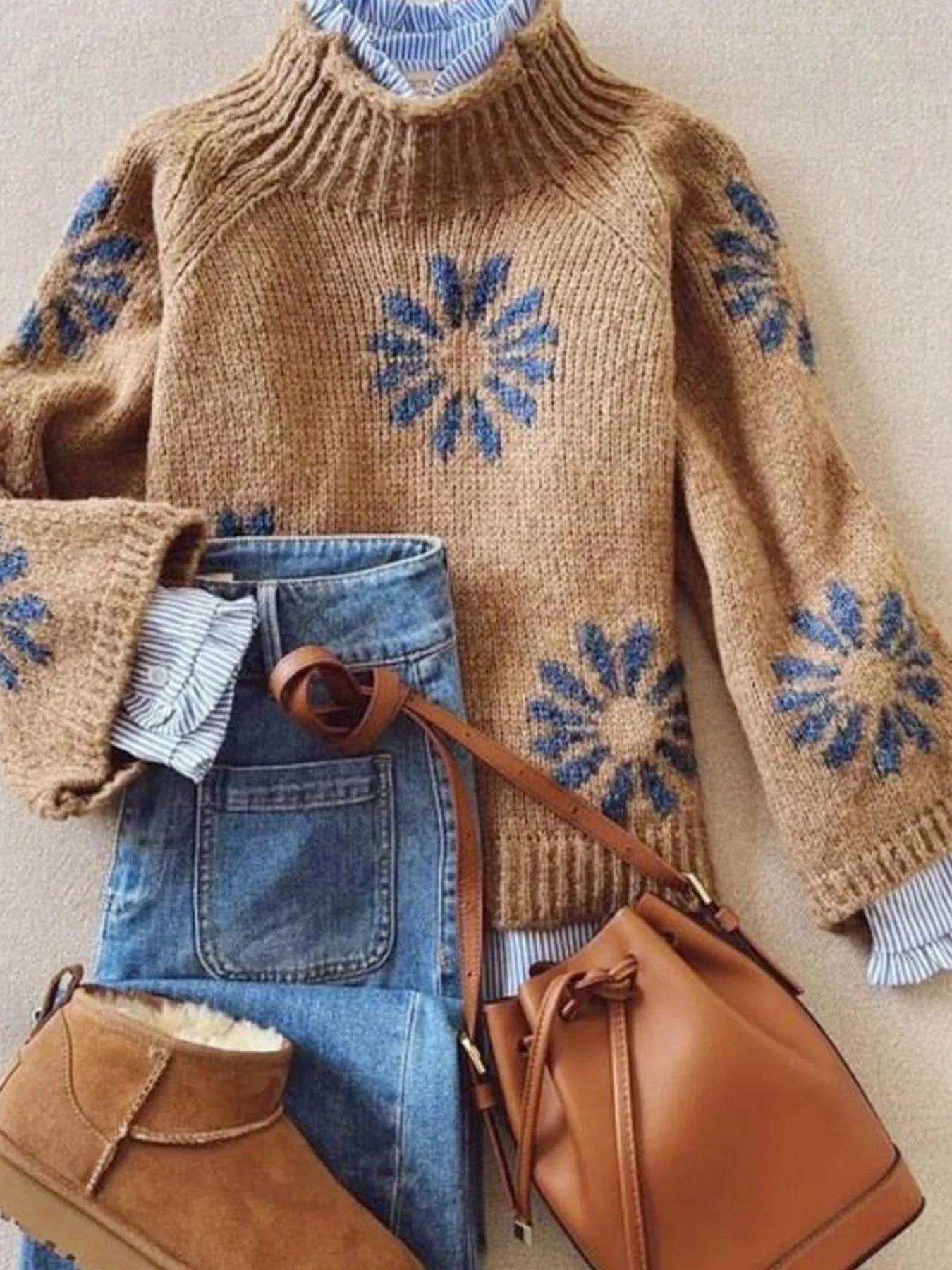 Women's Retro Knitted Pullover Sweater Blue Sunflower Pattern Ribbed Round Neck Long Sleeve Casual Acrylic Sweater